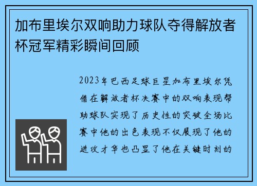 加布里埃尔双响助力球队夺得解放者杯冠军精彩瞬间回顾